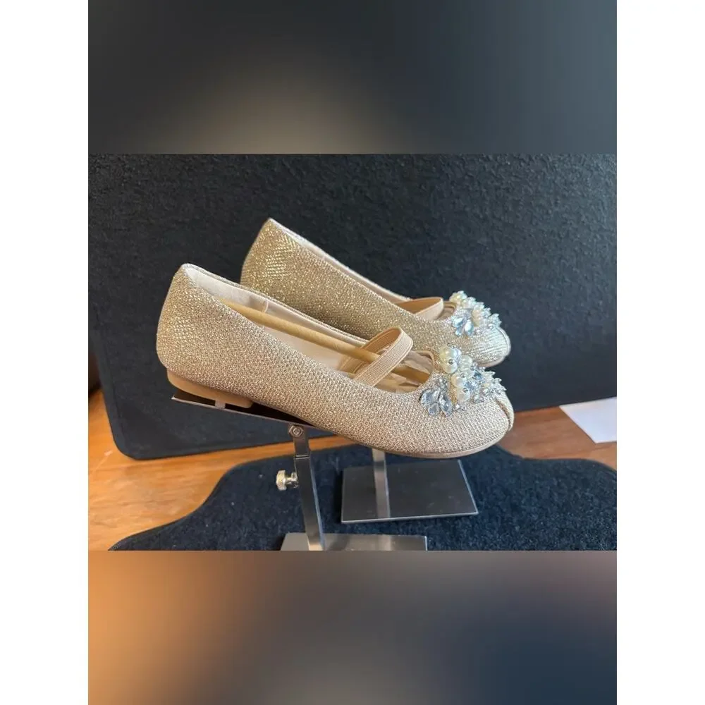 Dream Pairs Girls Size 13 Gold Glitter Dress Flats Pearl Rhinestone - Champagne
